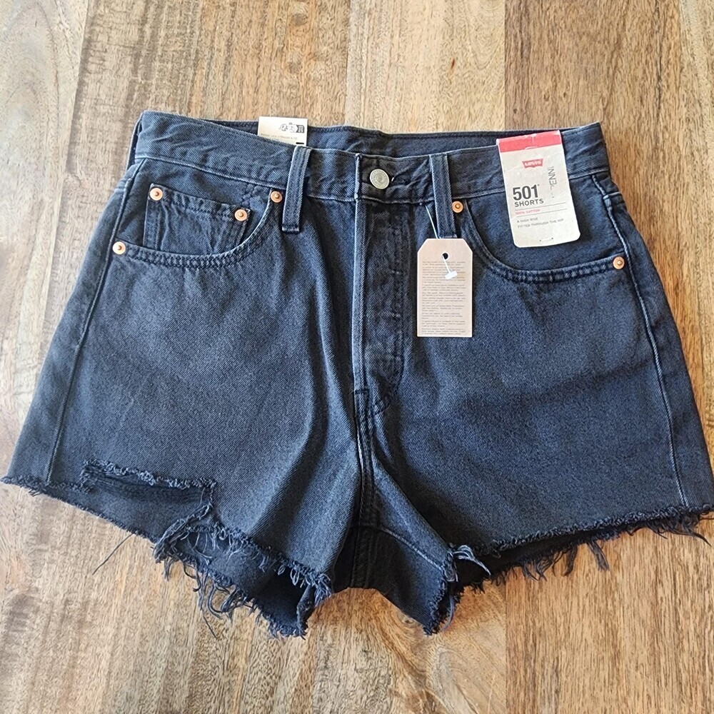 Levi's 501 Shorts Womens 28 Black Denim High Rise Button Fly Cutoff Frayed Hem